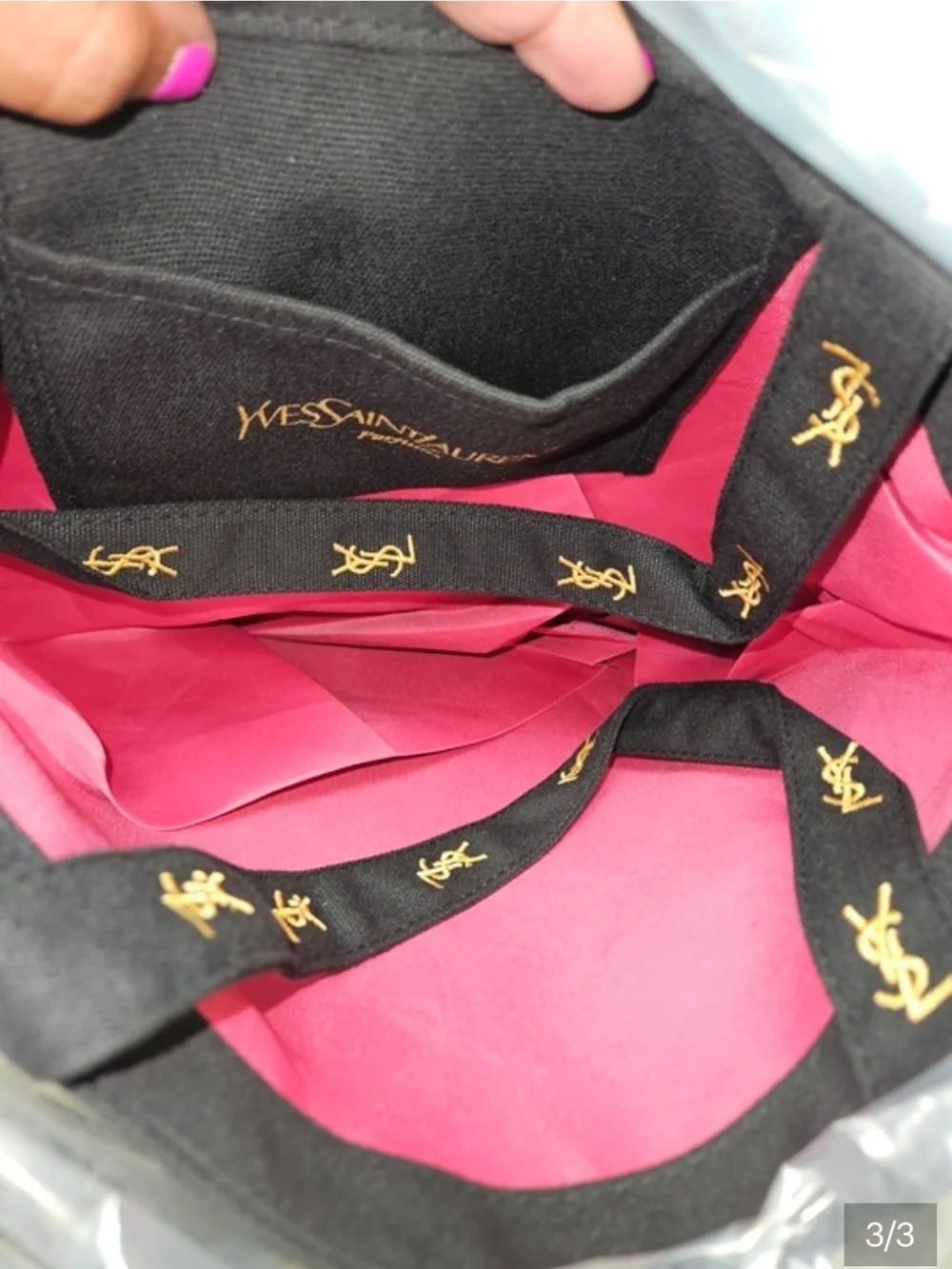 Yves Saint Laurent Black Canvas Tote with Gold YSL Emblem